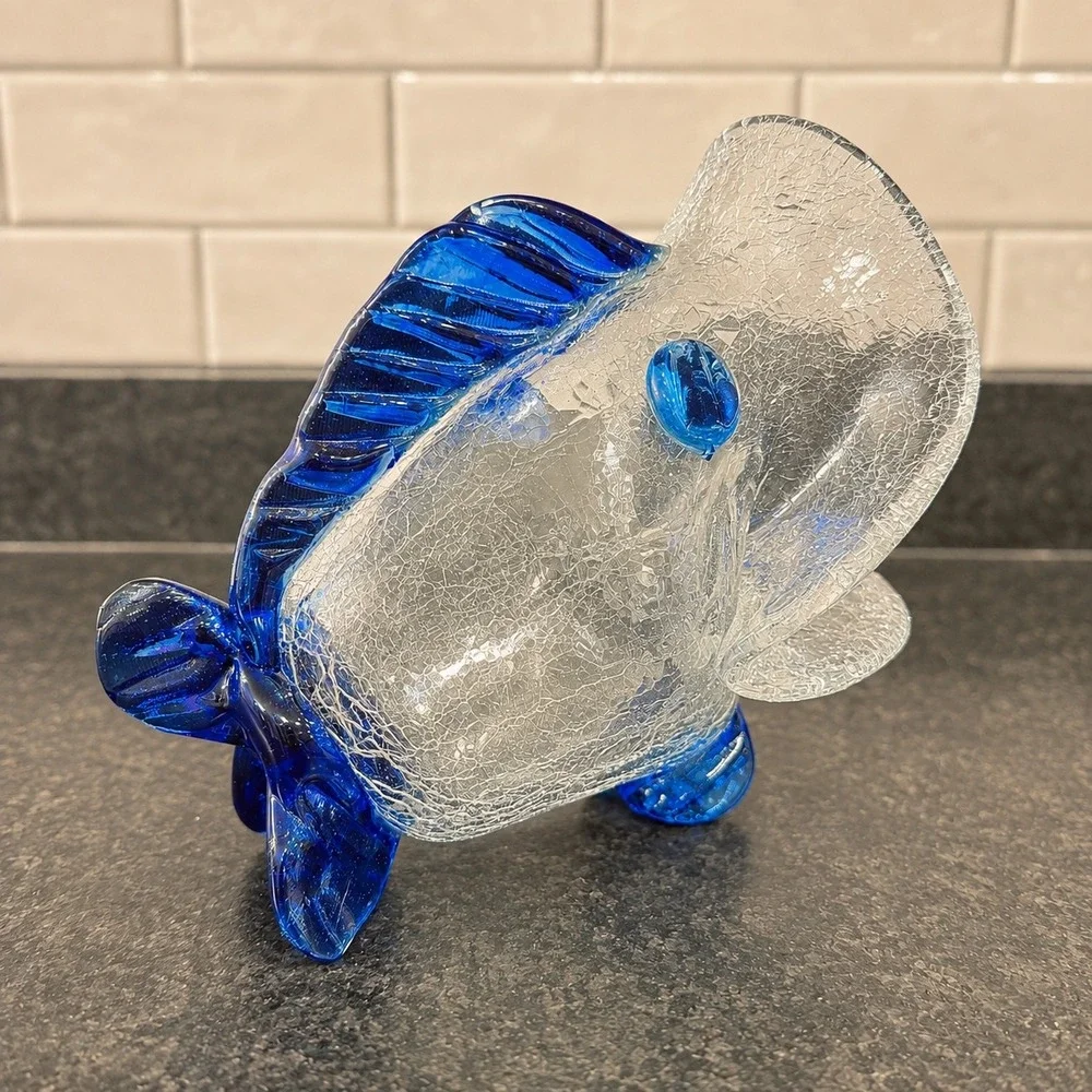 Art Glass Mexican Fish Crackle Glass Cobalt Blue Nautical Big Mouth Ashtray